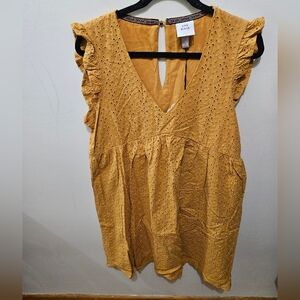 Knox Rose Gold Yellow Tank Ruffle Lined Vneck Boho Eyelet Midi Dress Medium